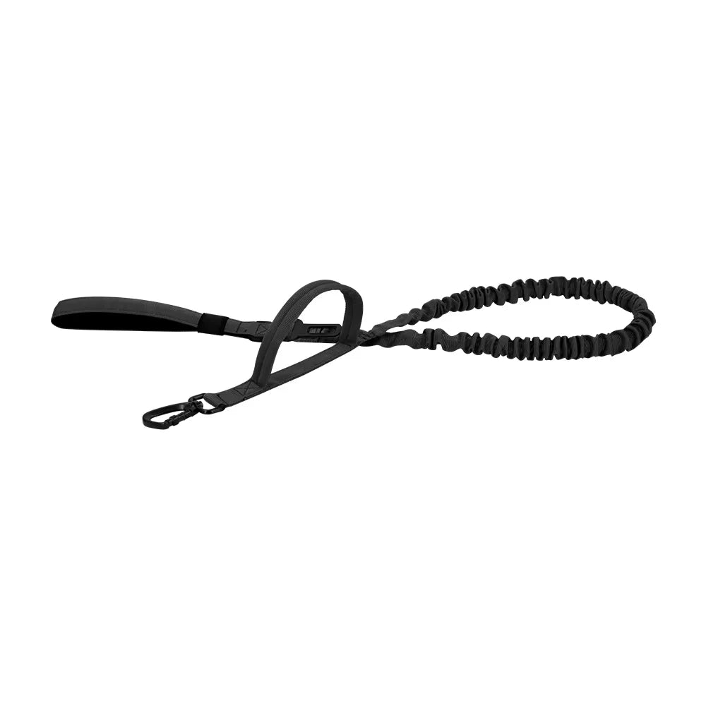 Military dog leash with elastic bungee, adjustable length, quick-release, two control handles.