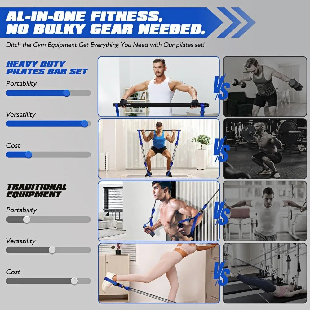 Portable heavy-duty Pilates bar kit with resistance bands for home workouts by S And B Enterprise.