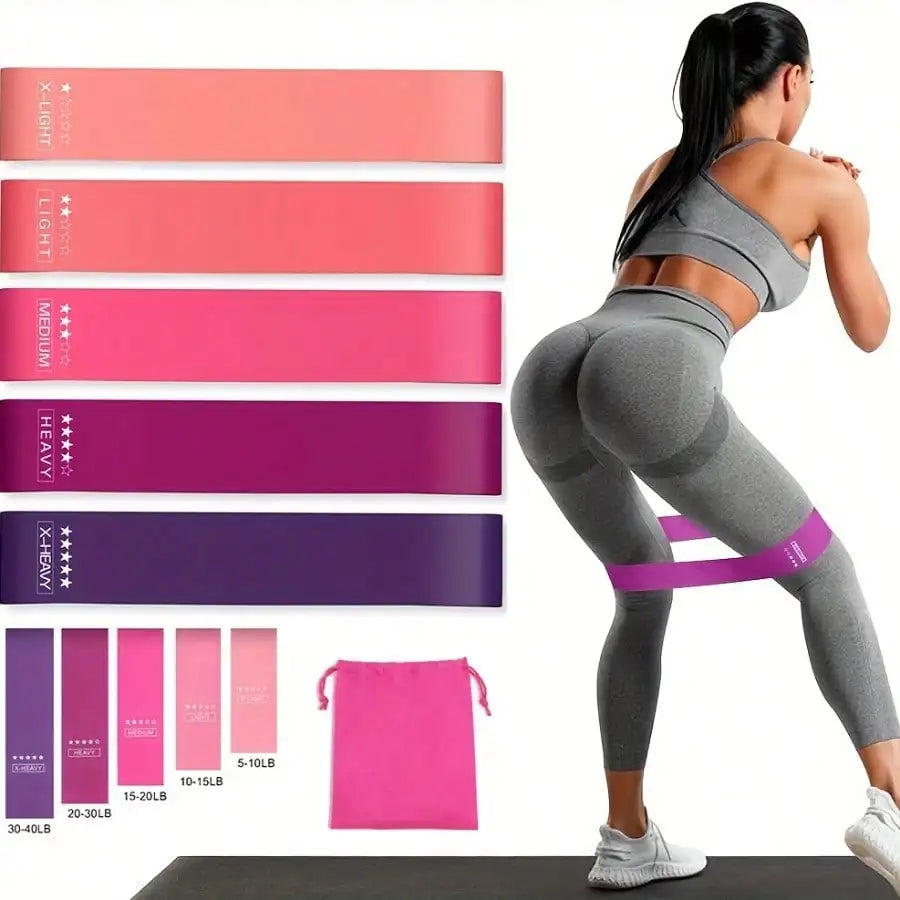 5-Piece Pink Resistance Bands Set by S And B Enterprise with assorted resistance levels and carrying bag