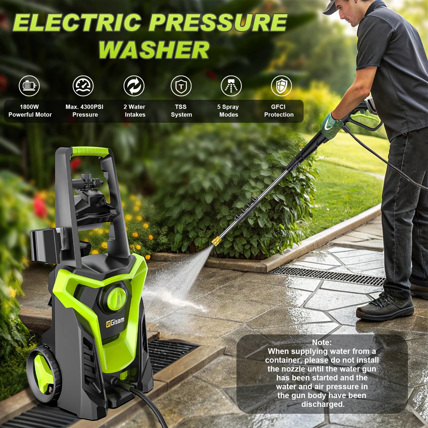 Gisam Electric Pressure Washer 4300 PSI 2.5 GPM 1800W