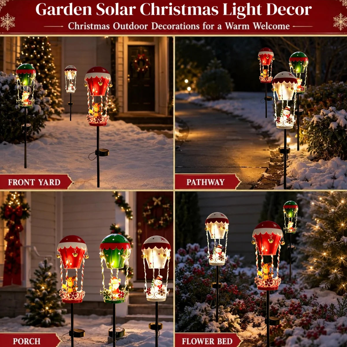 Outdoor solar Christmas stake lights by S And B Enterprise; Santa on a hot-air-balloon lantern with bells, 4-pack for yard.