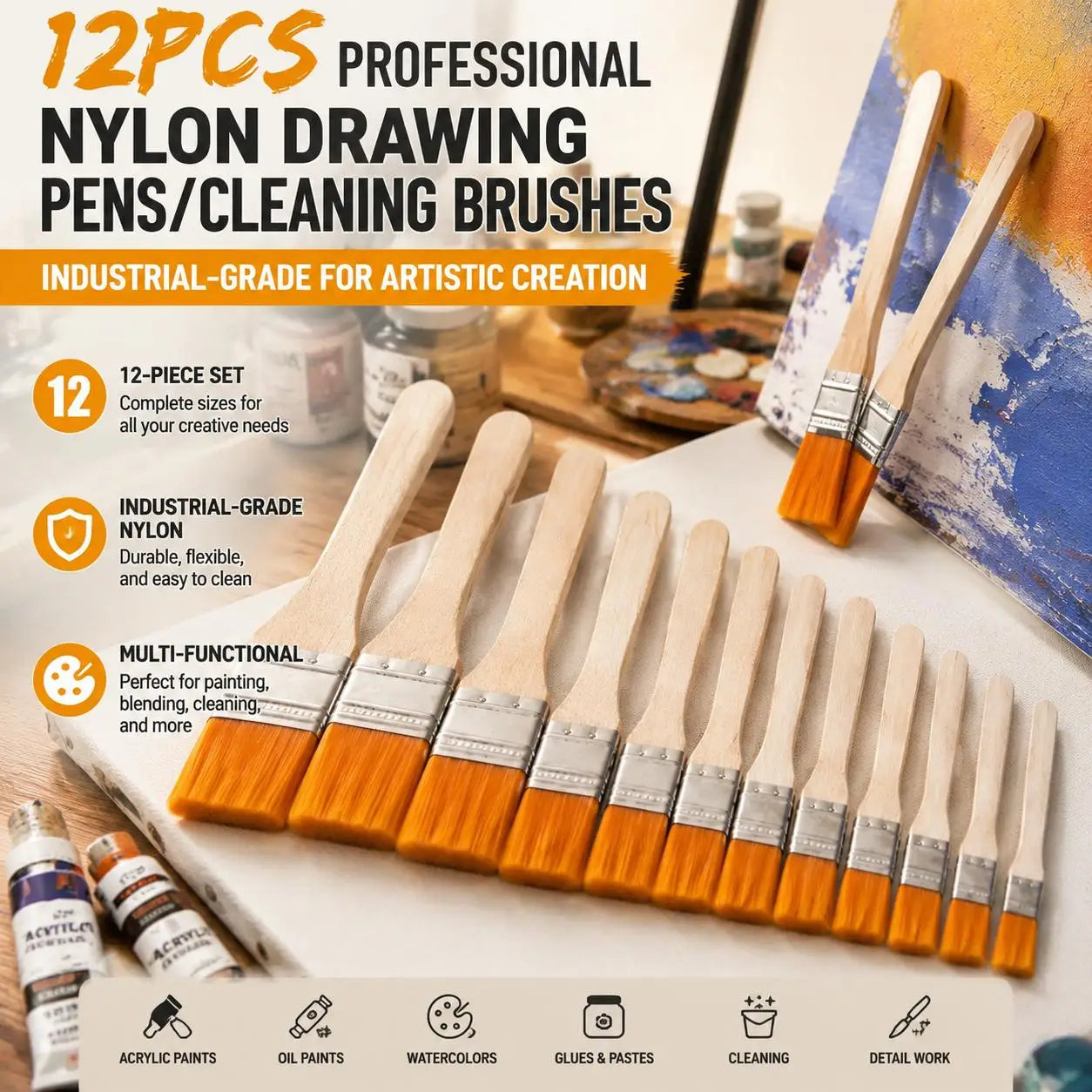 12pcs Nylon Hair Artist Paint Brushes Set for Acrylic Oil and Watercolor Painting with Wooden Handle Art Supplies for Professional Artists and Hobbyists Detail Painting Kit for Miniatures Rock Ceramic Modeling Craft by S And B Enterprise