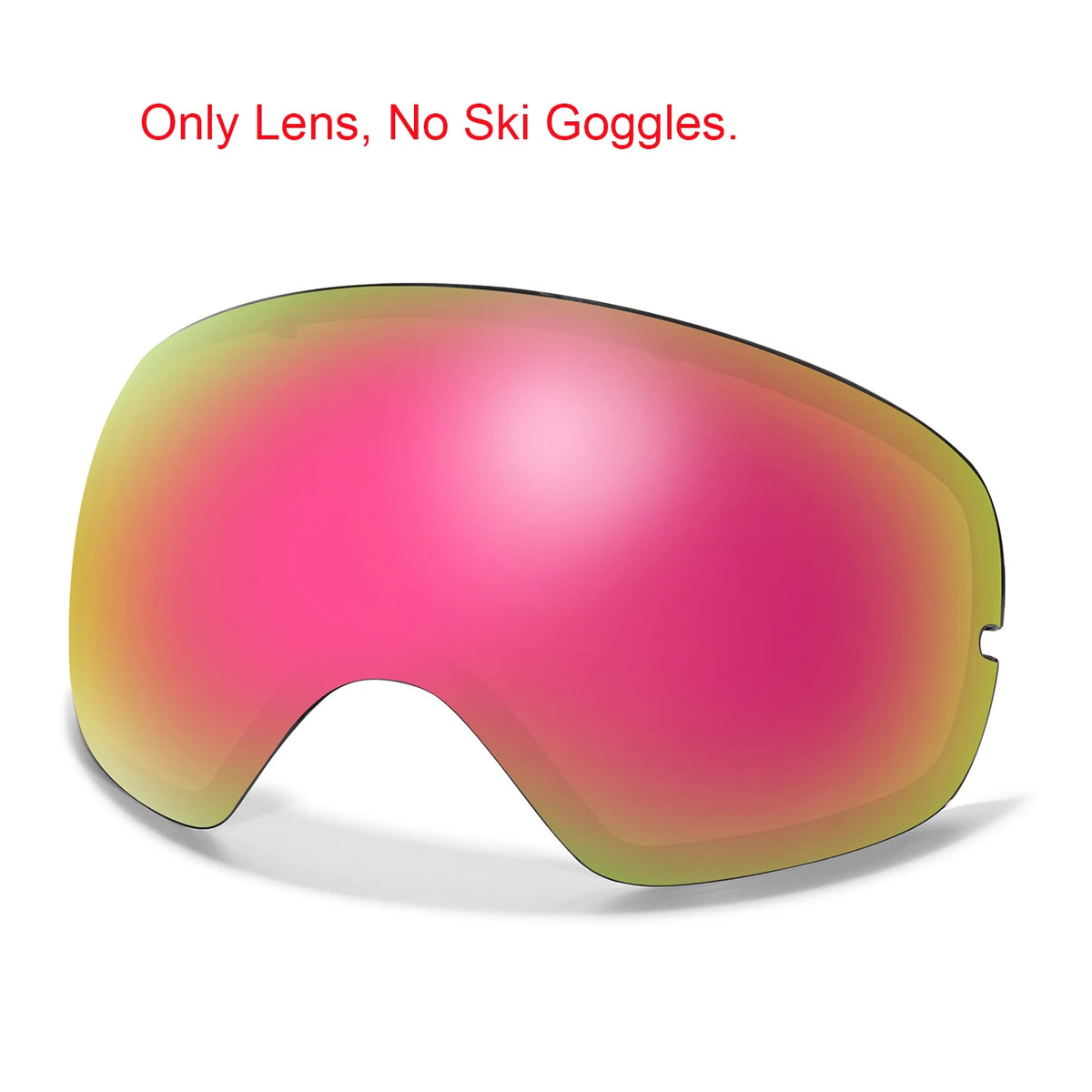 Ski goggles lens with pink mirrored coating and yellow-green edging