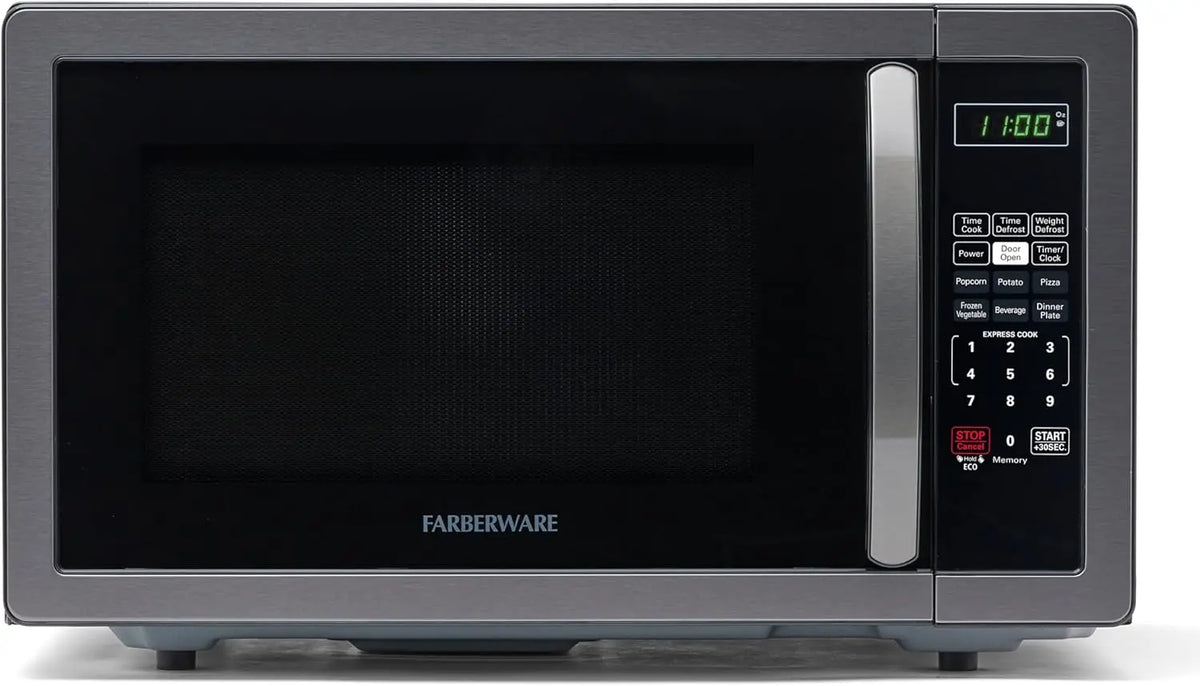 Farberware countertop microwave oven with stainless steel body, black door, and numeric keypad control panel
