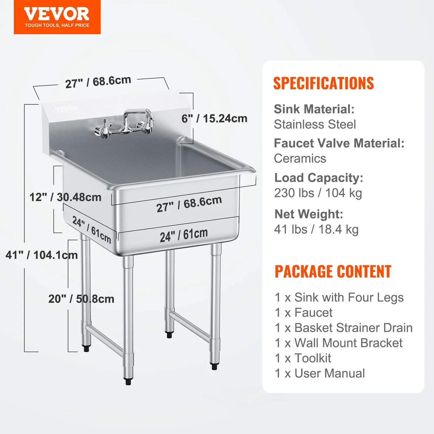 SucceBuy Stainless Steel Kitchen Prep & Utility Sink 1 Compartment Restaurant Commercial Steel Sink w/Faucet for Restaurant Home by S And B Enterprise