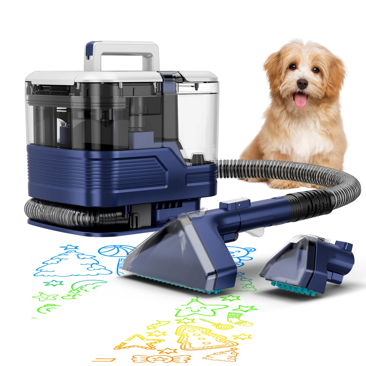 Honki 530W handheld carpet cleaner by S And B Enterprise, blue with transparent tank and hose