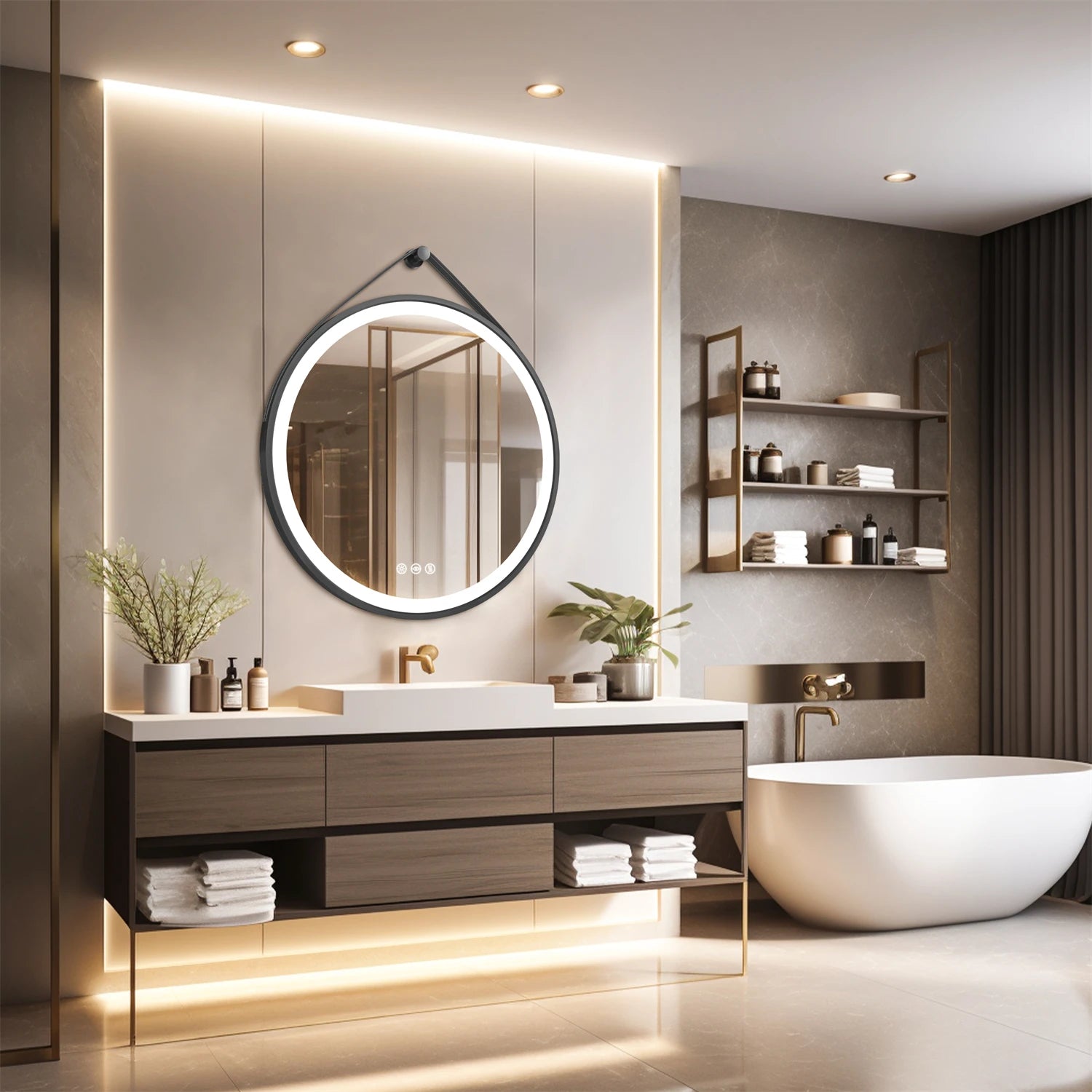 Round LED Bathroom Mirror With Leather Strap Frontlit Touch Antifog by S And B Enterprise