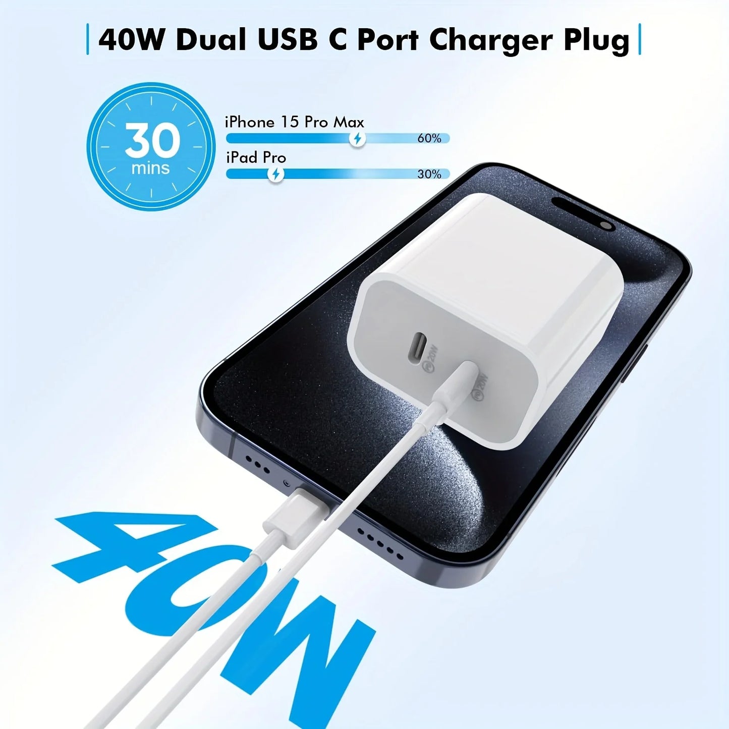 2Pack 40WPD Dual Port Charger Fast Charging With 10FT USB C To C Charging Cable For IPhone 15 Pro Max/15Pro/15/15Plus, IPad Pro by S And B Enterprise