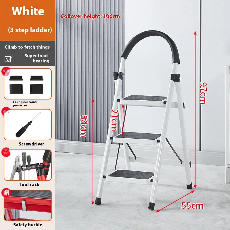 Adjustable zigzag folding ladder, white with 3 steps, carbon steel frame, black anti-slip steps for home and garden
