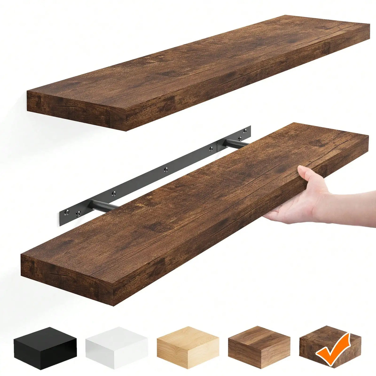 Floating Shelves Set of 2, 22-inch rustic brown MDF wood, wall-mounted with metal brackets by S And B Enterprise