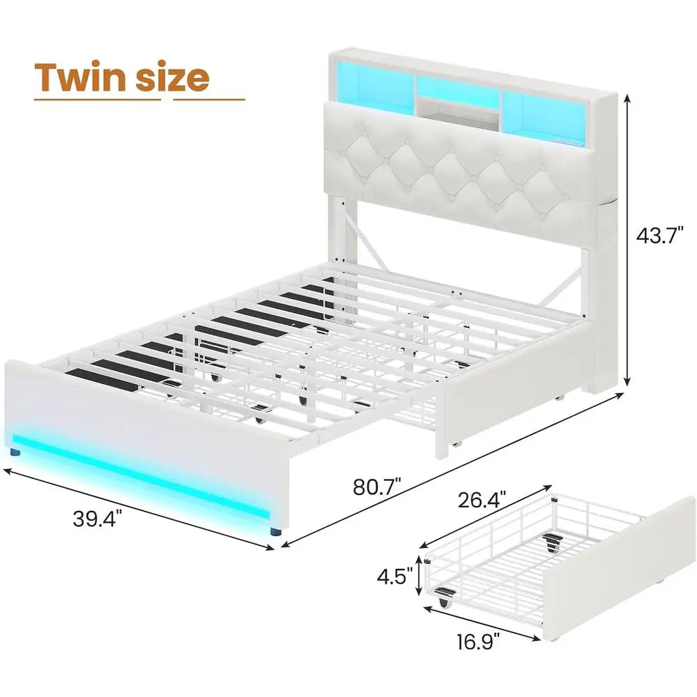 Velvet Upholstered Platform Bed With Bookcase For Kids
