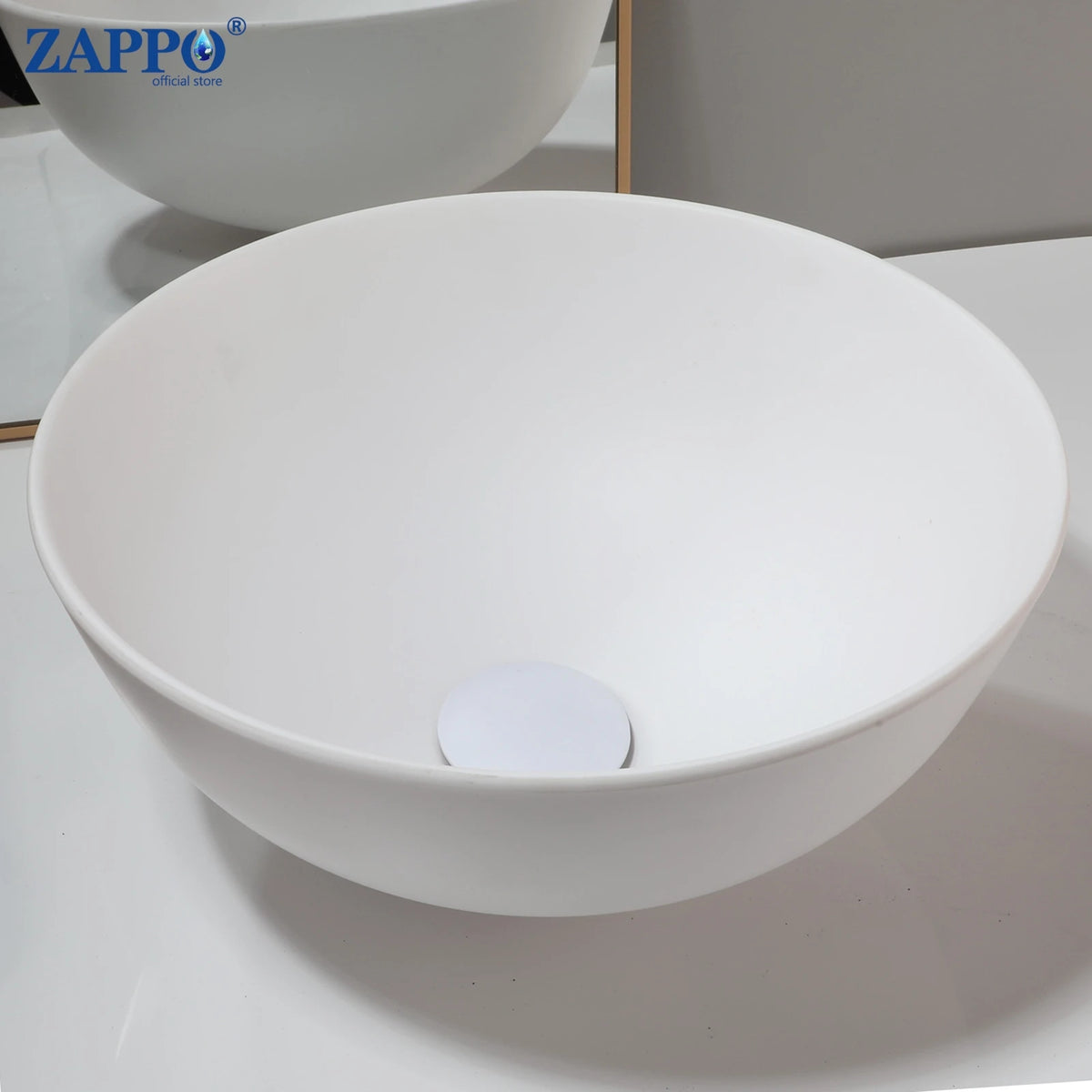 ZAPPO bathroom vessel sink, white round stone-resin washbasin with drain
