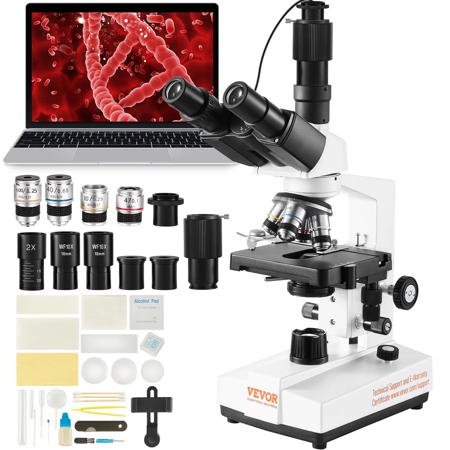 SucceBuy Compound Trinocular Microscope with LED, white body and black eyepieces, 40X-2500/40X-5000X magnification VEVOR