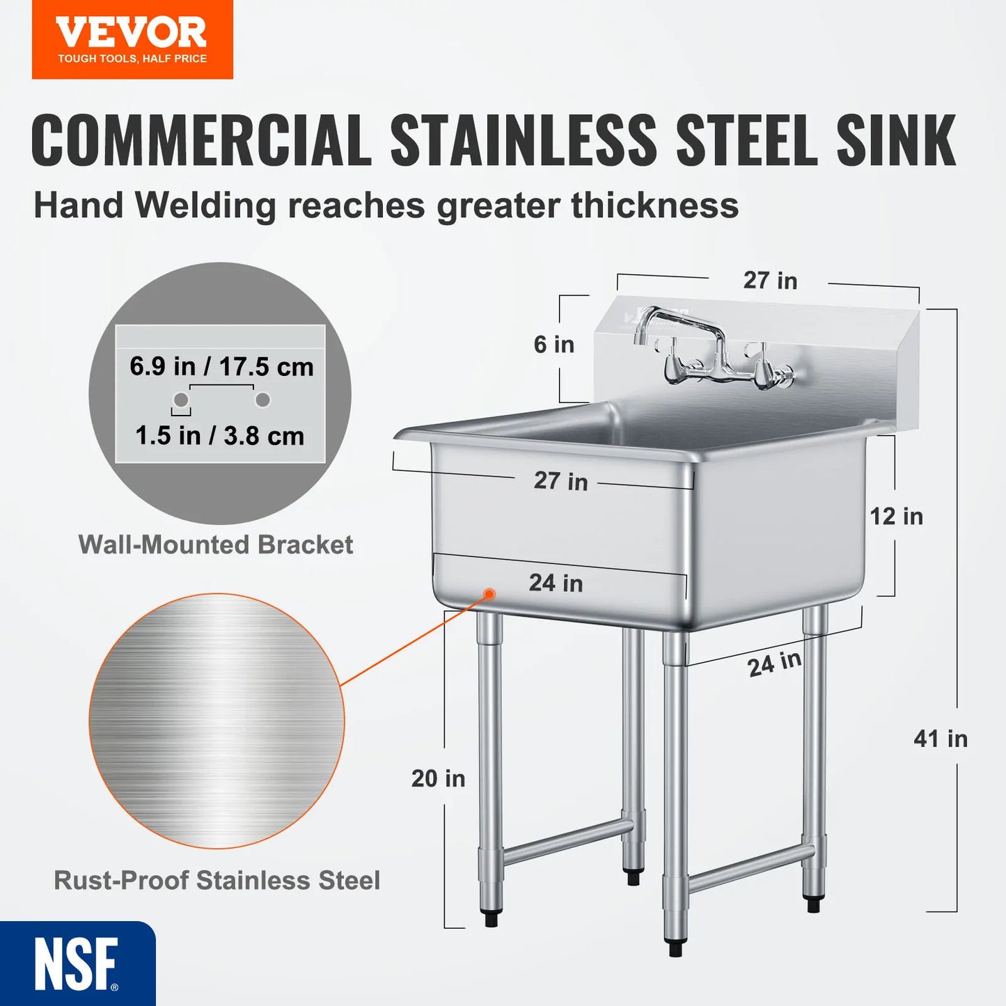 SucceBuy Stainless Steel Kitchen Prep & Utility Sink 1 Compartment Restaurant Commercial Steel Sink w/Faucet for Restaurant Home by S And B Enterprise