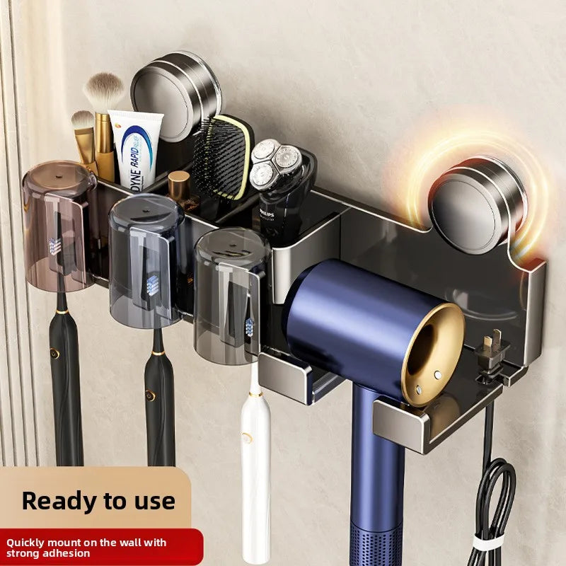 Toothbrush rack with suction-cup wall mount; holds toothbrushes, toothpaste, mouthwash cups and bathroom essentials.