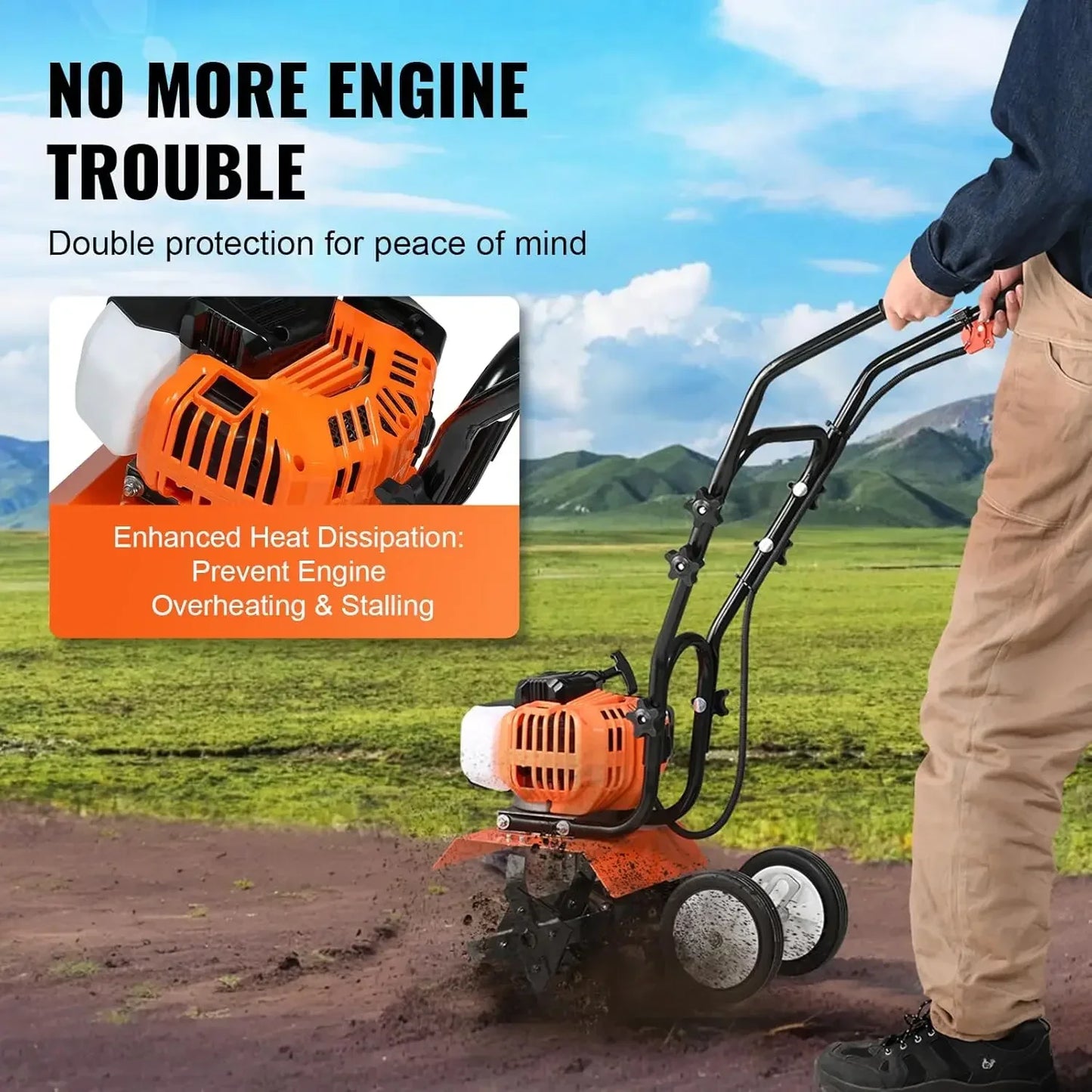 Gas Powered Tiller Cultivator 43cc 2-Stroke With Adjustable Front Tines