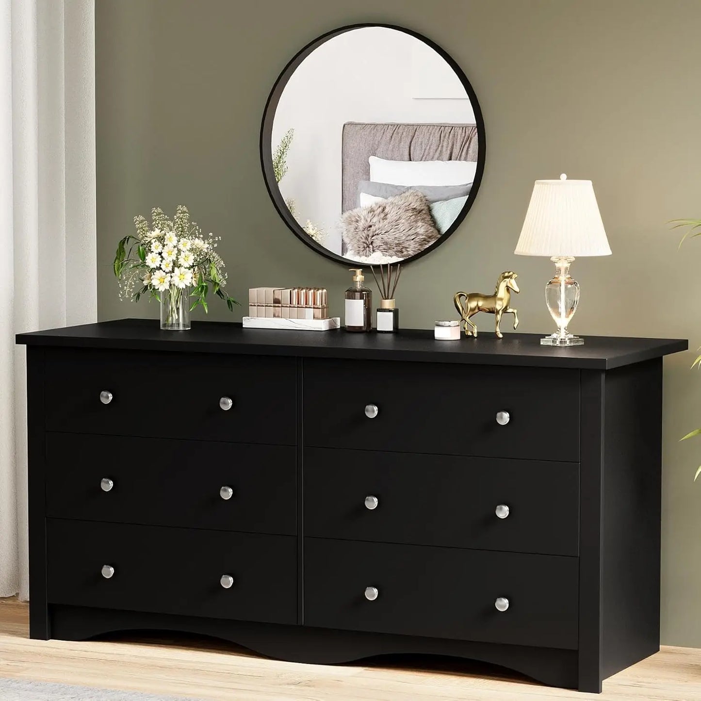 Six-Drawer Wood Dresser For Bedroom Hallway Storage And Organization