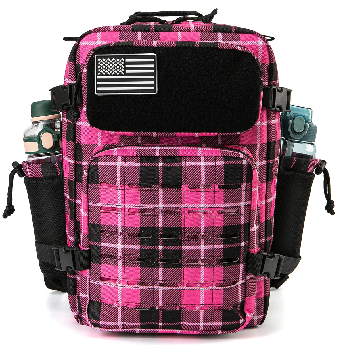 25L tactical backpack pink plaid with a black Velcro US flag patch and side bottle pockets.