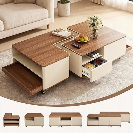 Farmhouse Wood Coffee Table With Wheels And Storage