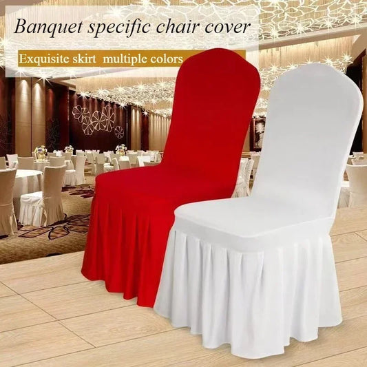 Banquet chair covers, spandex pleated skirts, white and red, set of 2, by S And B Enterprise