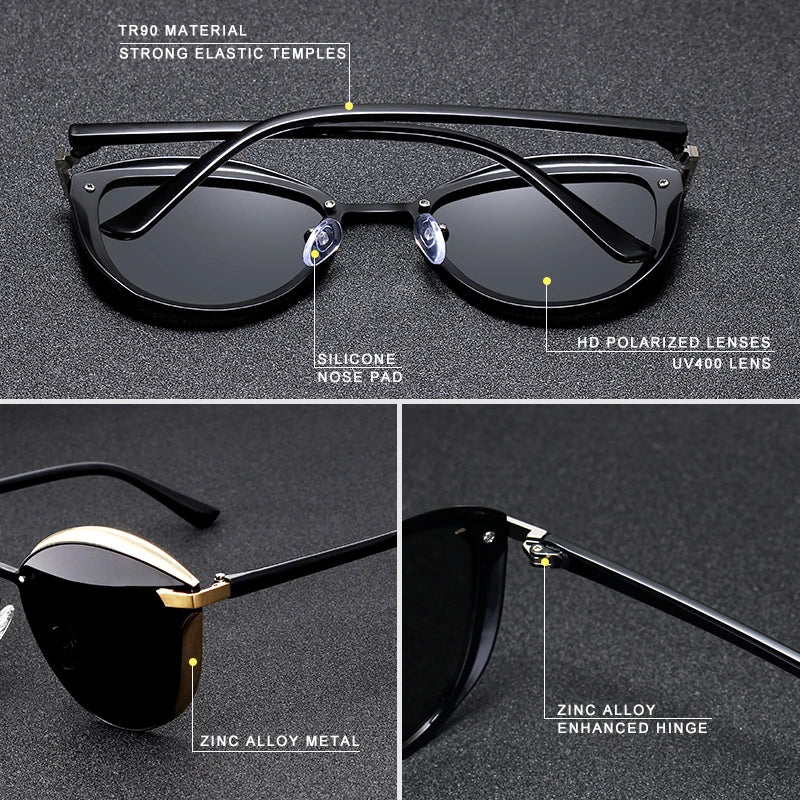 CLLOIO polarized sunglasses for women, black cat-eye style with zinc alloy hinges and silicone nose pads