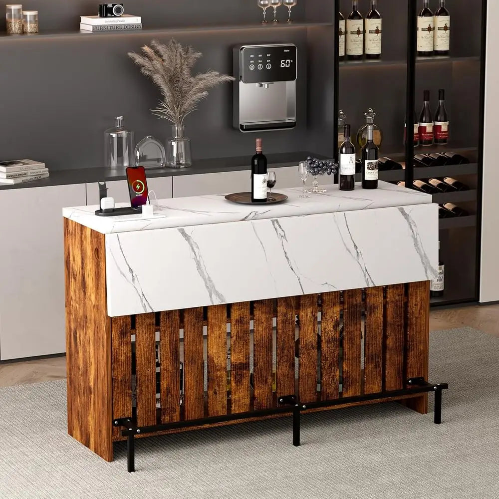 55 Modern Counter Height LED Mini Bar Table with Charging Station & Faux Marble Top for Dining or Living Room by S And B Enterprise