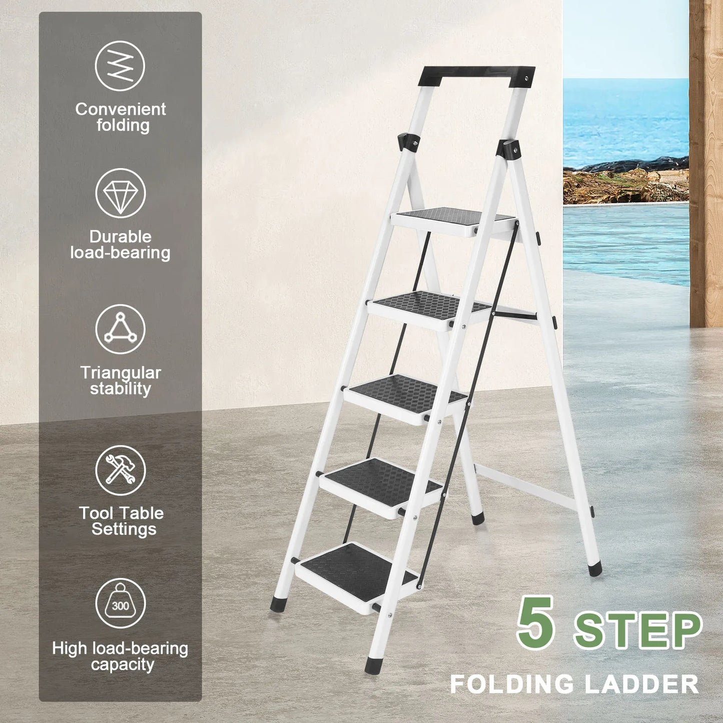 Folding Heavy Duty Step Ladder With Handrail And Grip