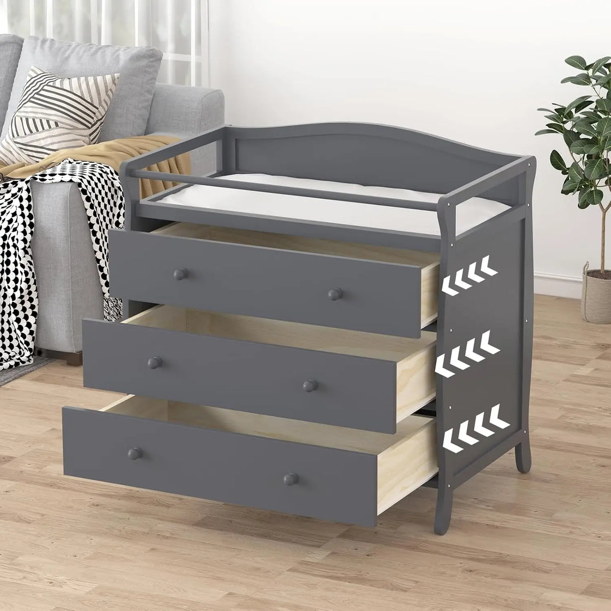 Changing table by S And B Enterprise; gray wooden baby dresser with 3 drawers and safety rails