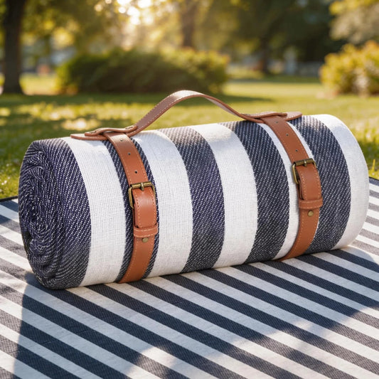 Waterproof foldable picnic blanket, navy and white striped, with brown leather straps, by S And B Enterprise