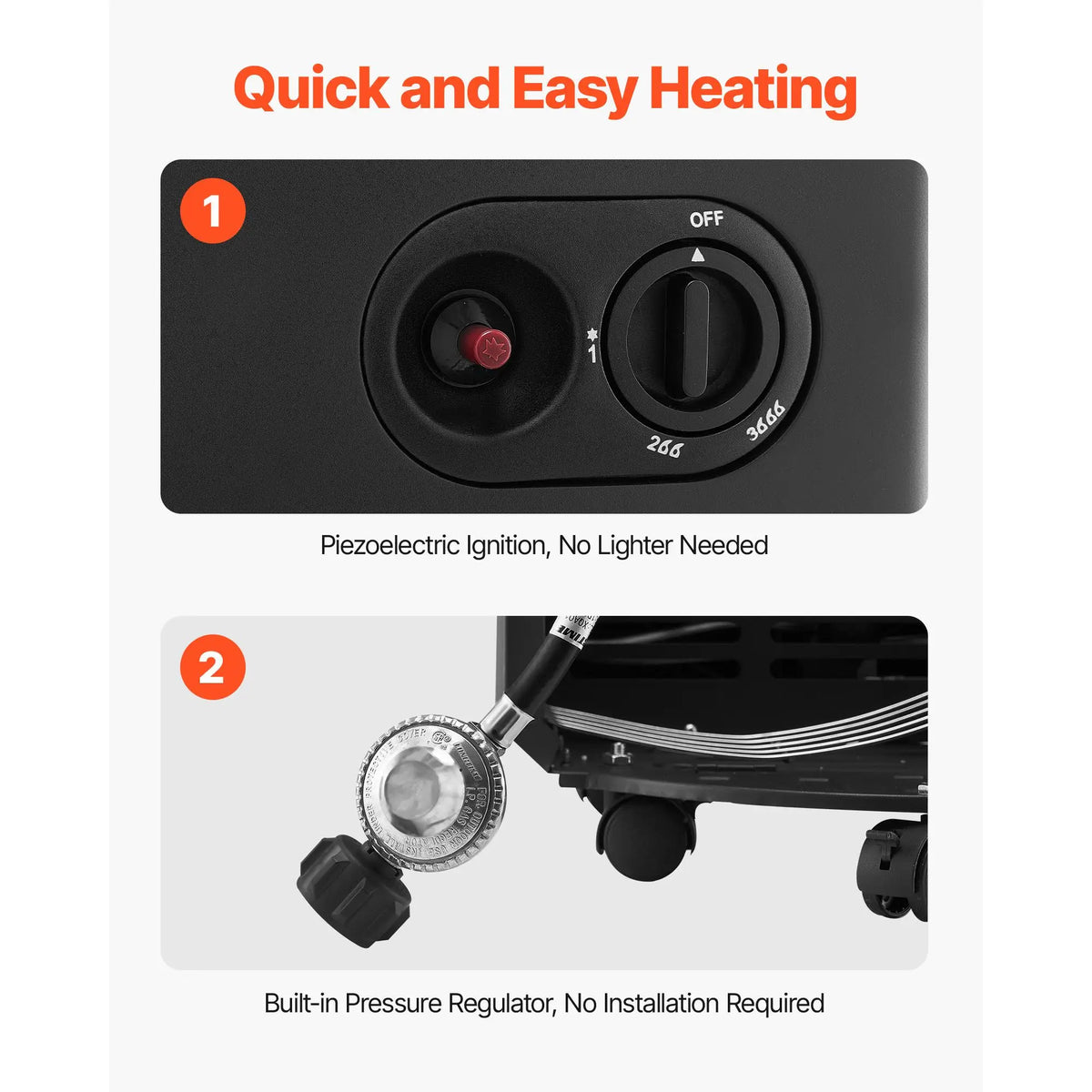Propane cabinet heater by S And B Enterprise with piezoelectric ignition and built-in regulator.