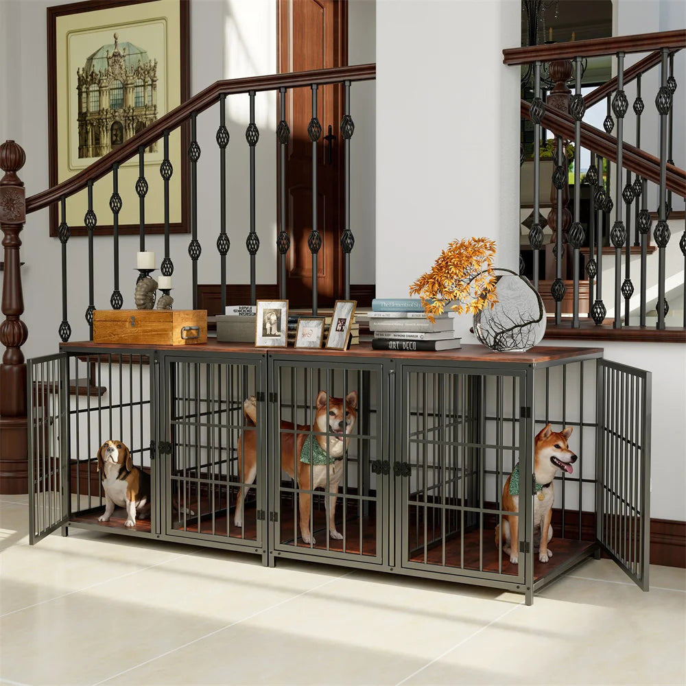 Ultra Thickened dog crate cage by S And B Enterprise; gray metal with wooden top, removable divider, and 4 doors