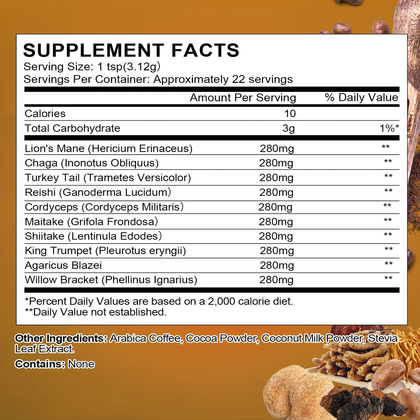 Organic Lion’s Mane Mushroom Coffee with Reishi and Cordyceps by S And B Enterprise — supplement facts label