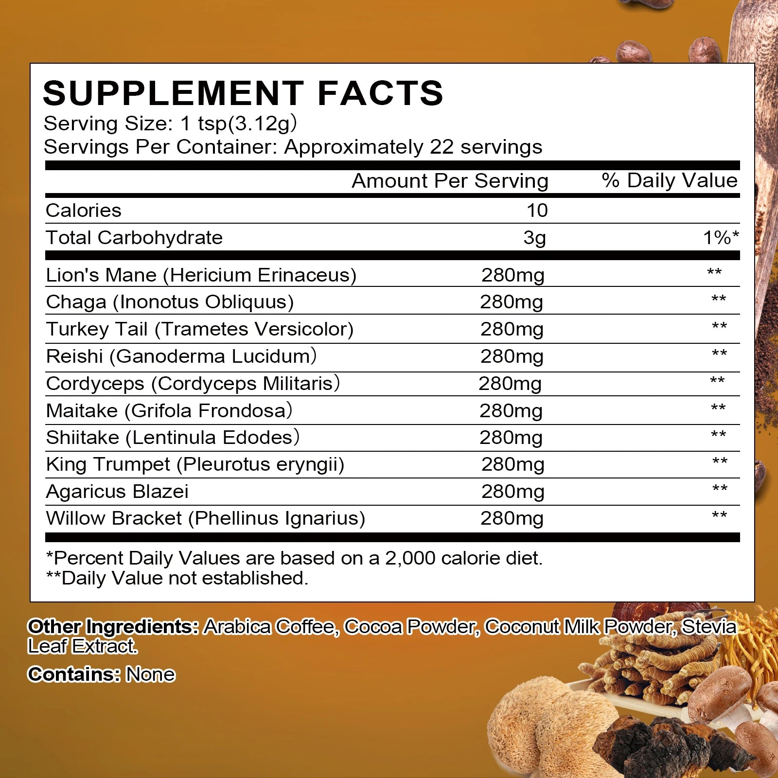 Organic Lion’s Mane Mushroom Coffee with Reishi and Cordyceps by S And B Enterprise — supplement facts label