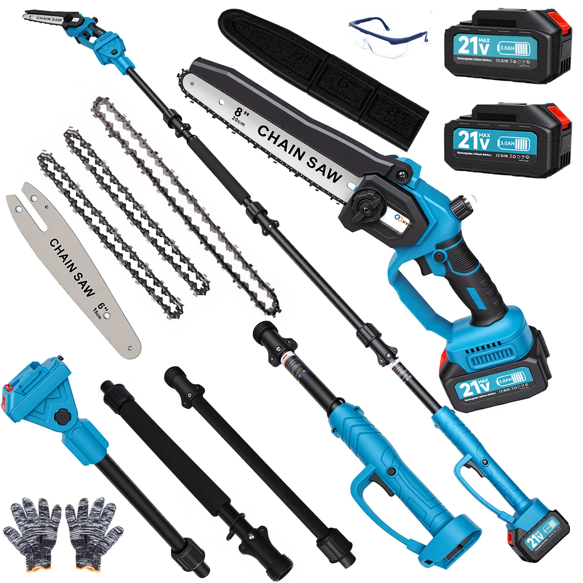 S And B Enterprise blue 2-in-1 cordless pole saw kit with 6in/8in blades, extension pole, 2 batteries
