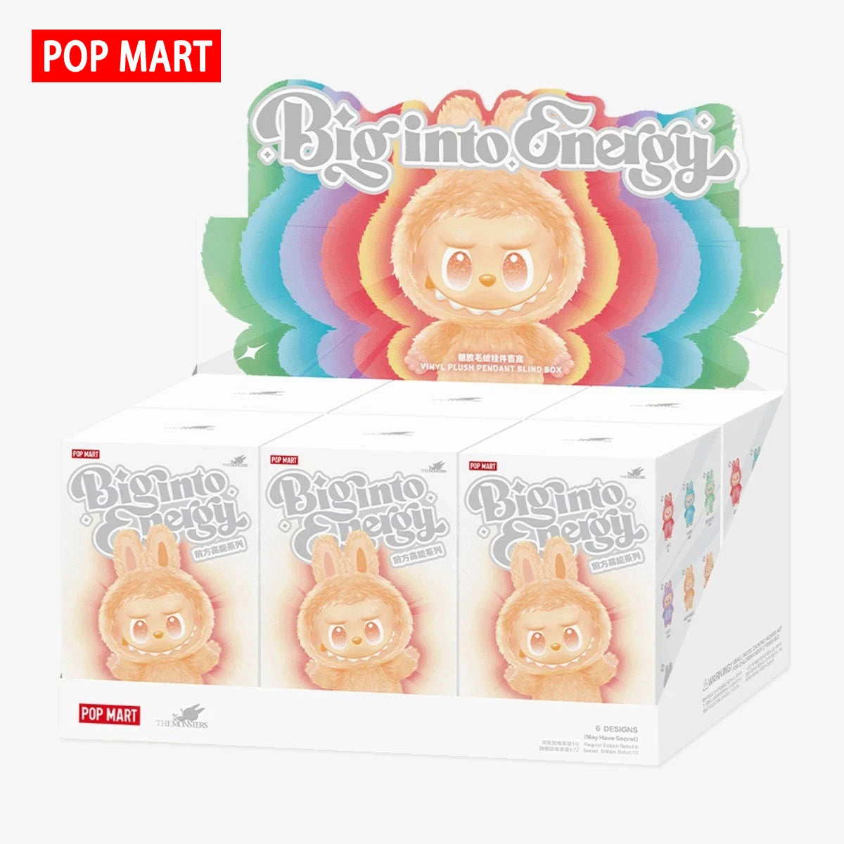 Labubu dolls display with six pastel peach bunny plush figures in macaron colors by S And B Enterprise (Pop Mart)
