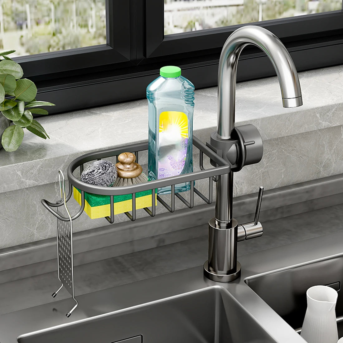 S And B Enterprise aluminum kitchen sink drain rack with sponge holder and soap bottle shelf