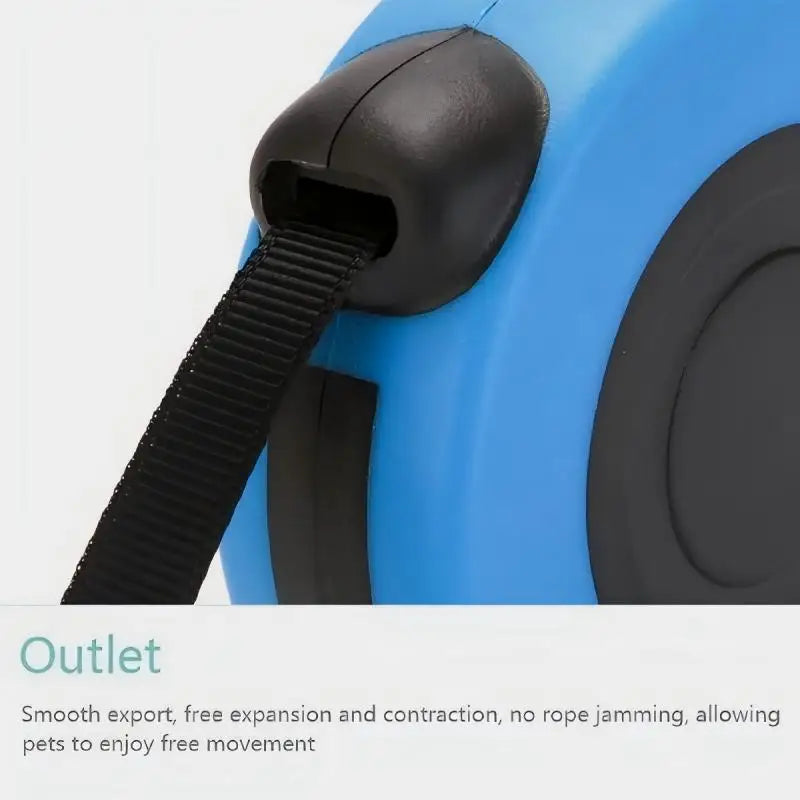 Automatic retractable dog leash in blue housing with black nylon strap, comfort grip and one-button lock.