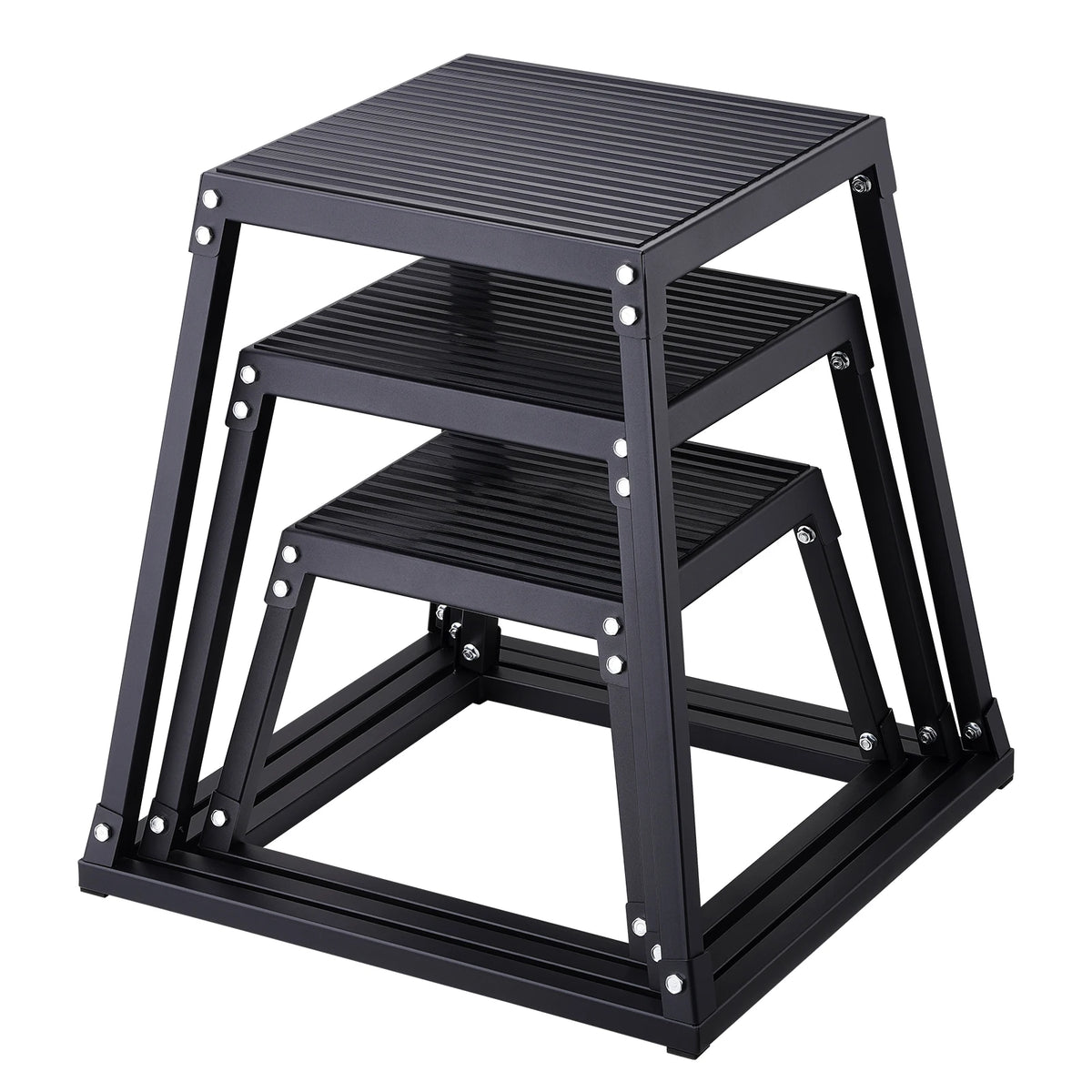 Three-box plyometric jump box set (12/18/24 in) in black metal with ridged anti-slip tops
