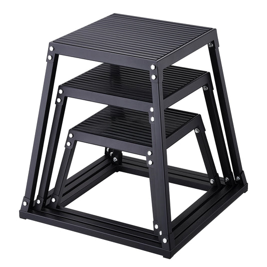 Three-box plyometric jump box set (12/18/24 in) in black metal with ridged anti-slip tops