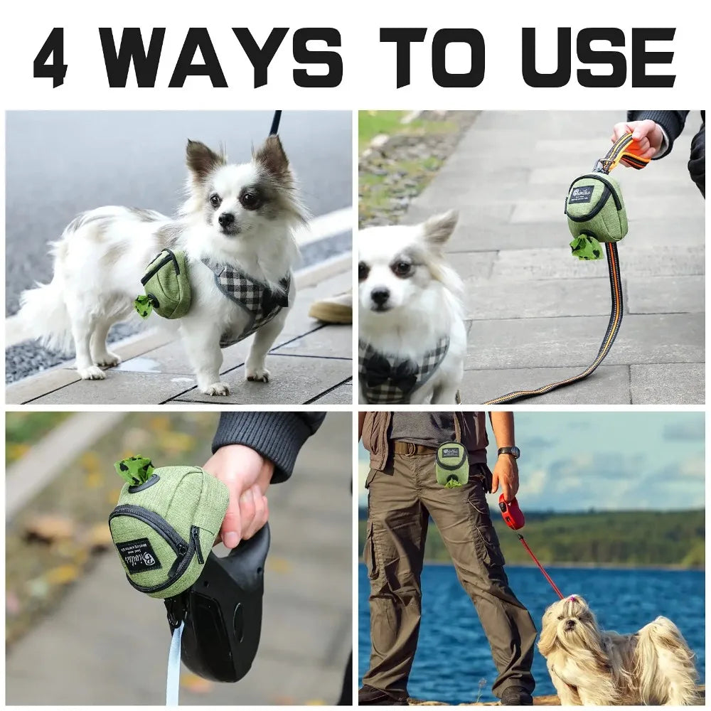 Portable dog treat bag by S And B Enterprise, green fabric pouch with clip for waist or leash use