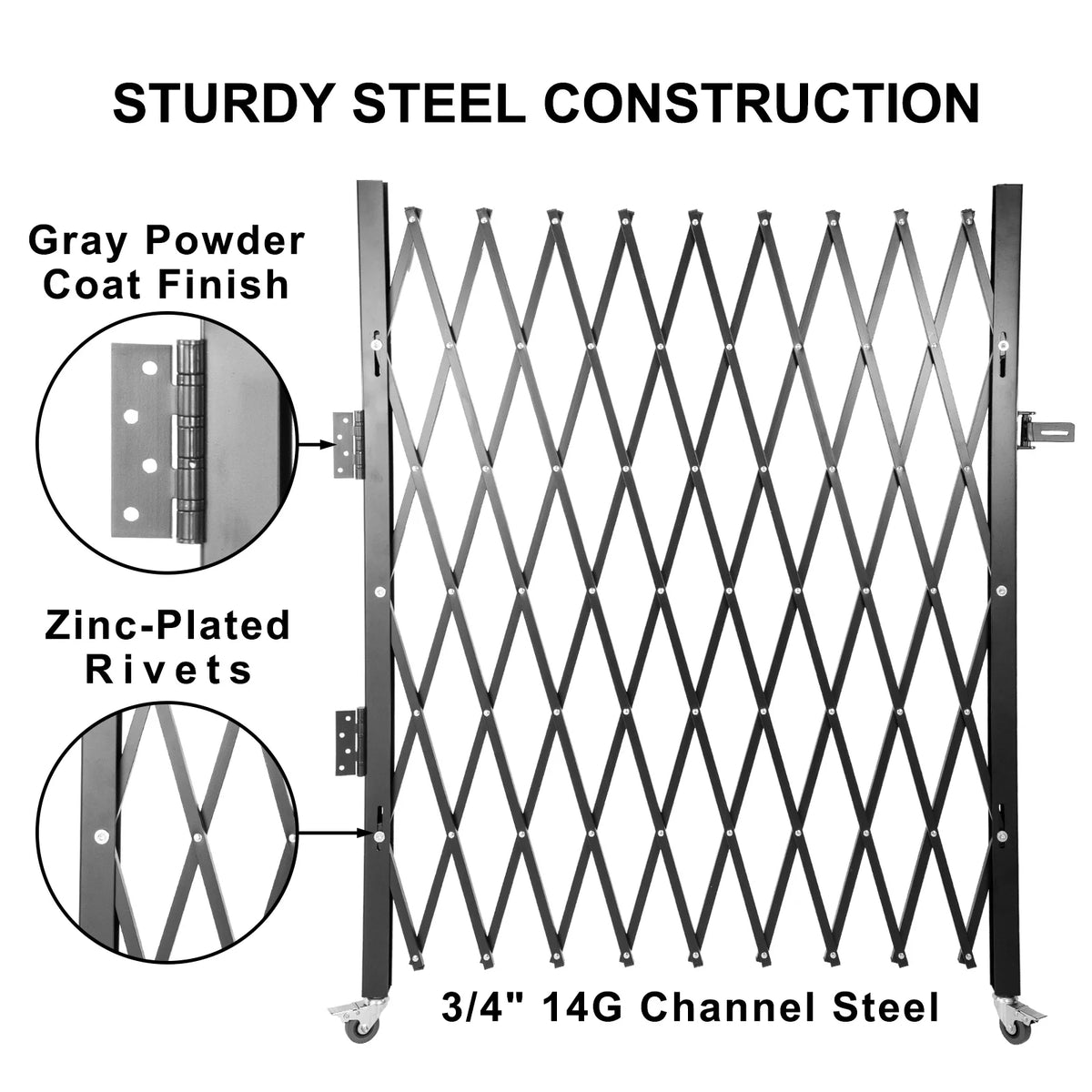 SucceBuy single folding steel security gate with gray powder coat finish and zinc-plated rivets