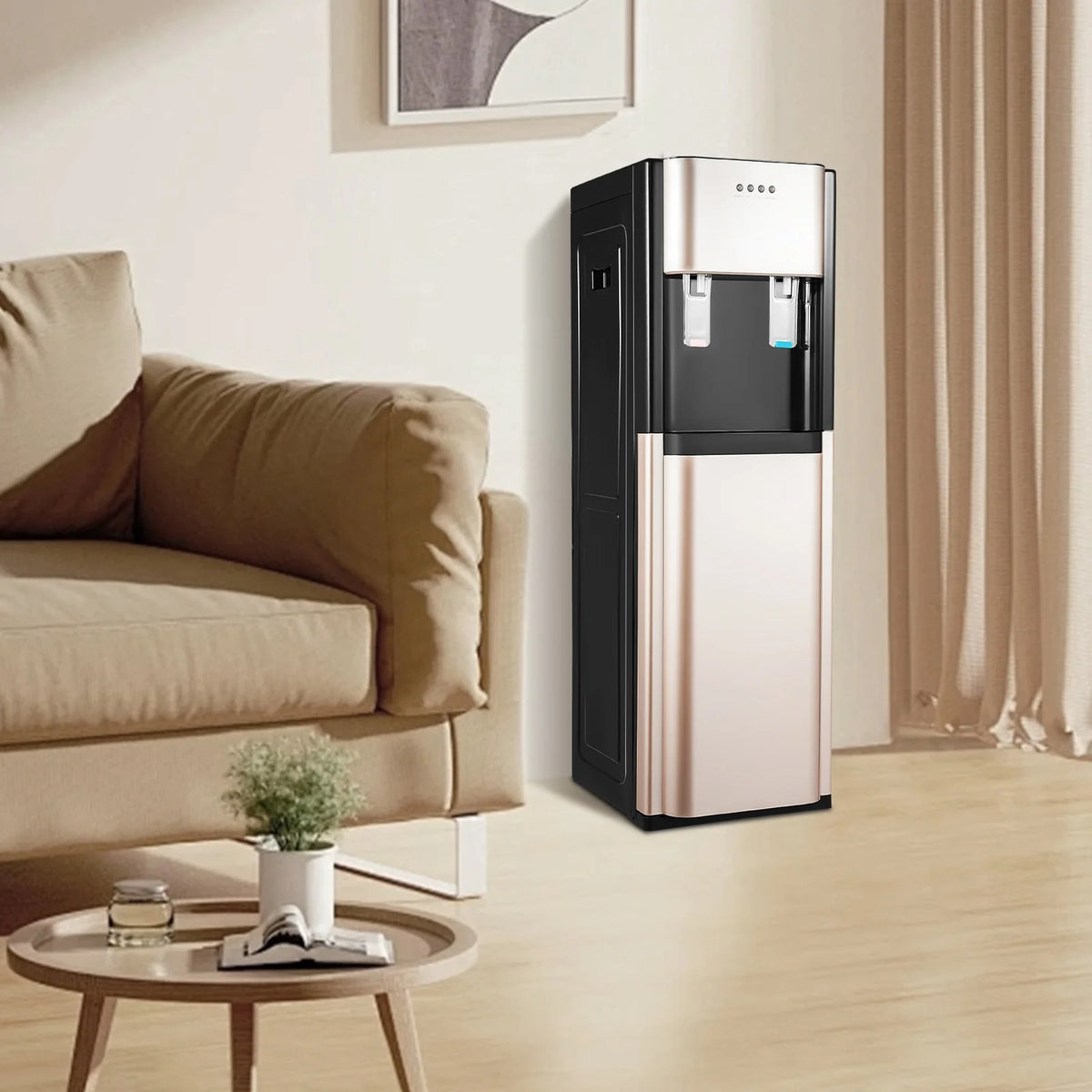 13°-90° bottom-loading water dispenser with stainless steel liner and black body, dual taps, freestanding.