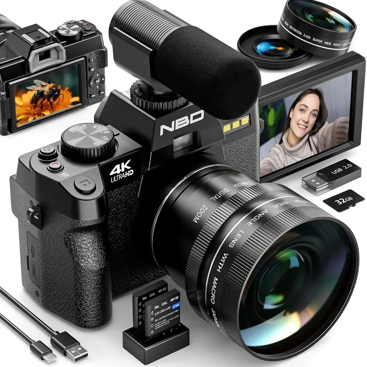 NBD 4K Digital Cameras for Photography,48MP Camera,Travel Vlogging Cameras with 16X Digital Zoom,180°Flip Screen,52mm Macro Lens