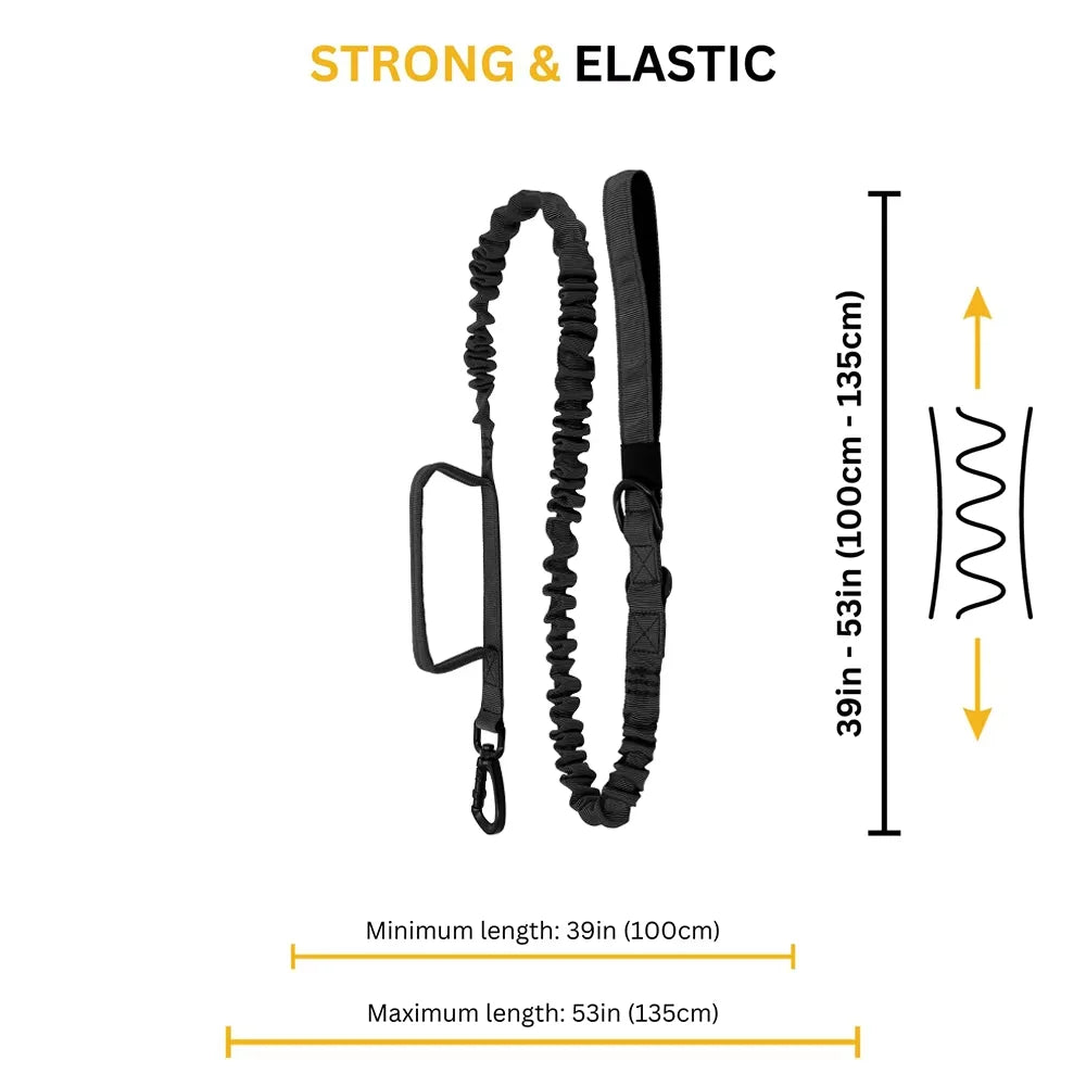 Military dog leash by S And B Enterprise with elastic bungee, quick-release, two handles, black, adjustable 39–53in