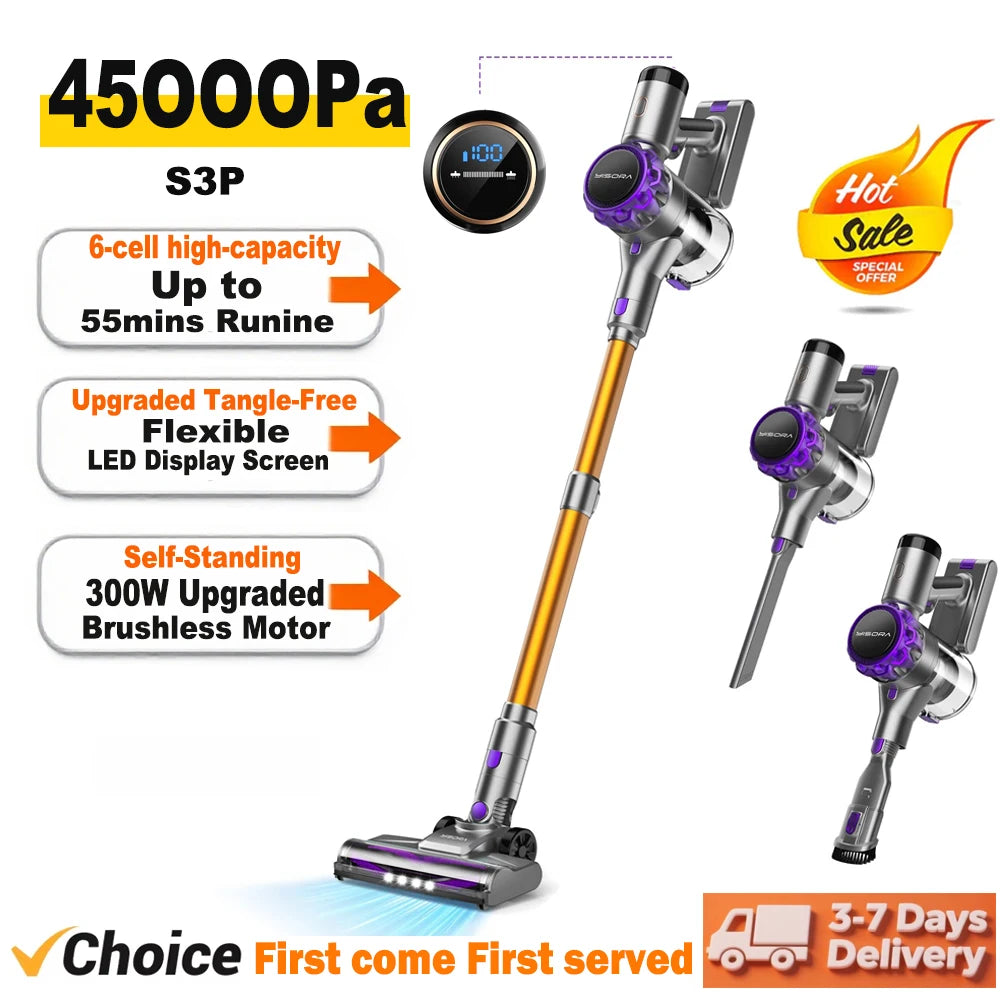 INSE S3P cordless vacuum cleaner set with LED display; three units with yellow wand and purple accents, self-standing