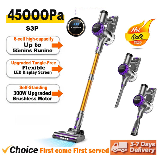 INSE S3P cordless vacuum cleaner set with LED display; three units with yellow wand and purple accents, self-standing
