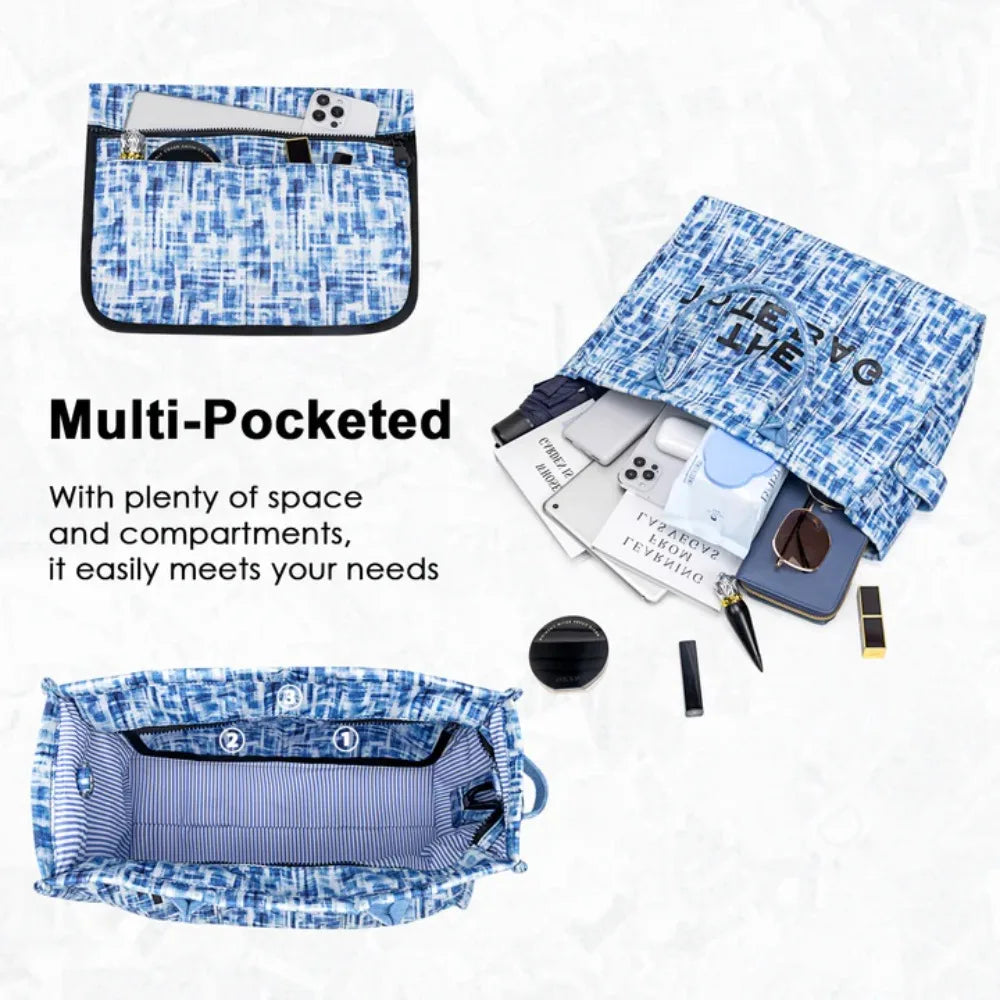 Denim canvas tote bag for women, large capacity, blue pattern, striped interior, multi-pocket, shoulder crossbody.