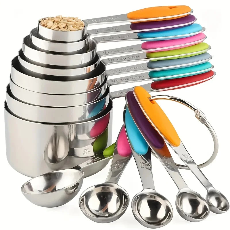 Measuring Cups And Spoons Set Of 5/10/17 Piece, Stainless Steel Nesting Measuring Cups Set With Silicone Handles, Kitchen Utensils For Cooking And Baking by S And B Enterprise