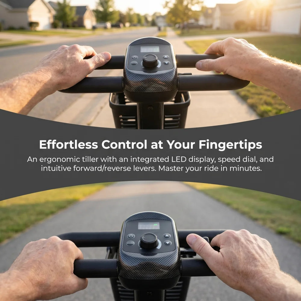 Unificare 250W electric mobility scooter; black carbon-fiber console panel with two-handed handlebars