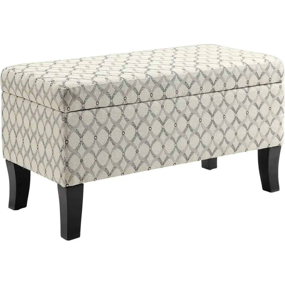 Transitional ribbon-patterned upholstered ottoman with 32-storage bench, beige fabric and dark wood legs